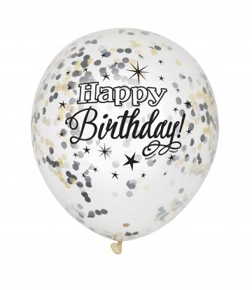 Baloni "Happy Birthday" ar melniem un zelta konfetī ( 6 gab)